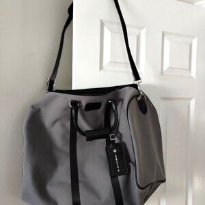T Anthony Duffle/Weekender/Travel Bag Gray Canvas w Black Leather Trim w keys